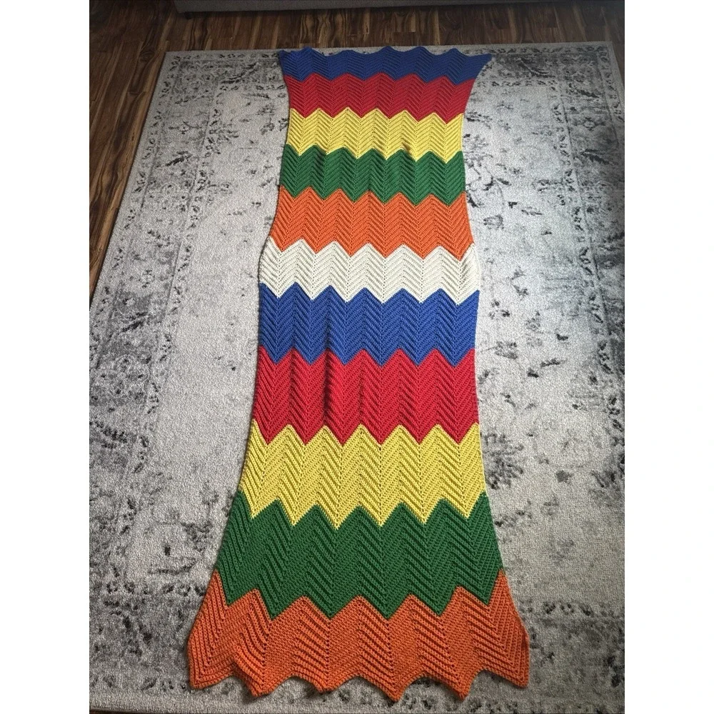 Vintage Handmade Afghan Multicolored Throw Knit Blanket  116